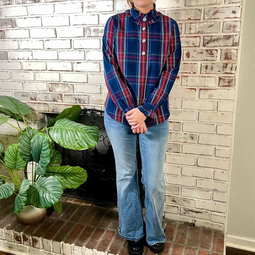 St. John’s Bay Cotton Red Blue Plaid Jeweled Button Ruffle Mock-neck Blouse